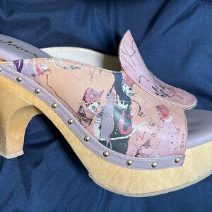 Jeon Hand-Painted Italian Leather Clogs – Size 6 – Wooden Heel Mules – 4" Heel